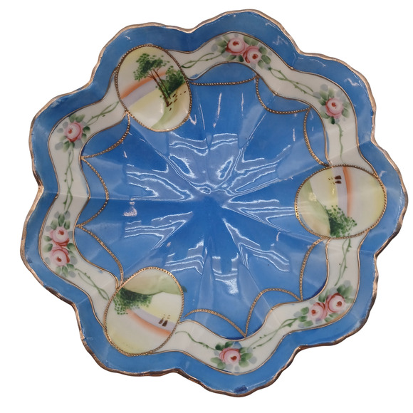 VTG Hand Painted Porcelain Scalloped Dish Blue Floral Gold Trim Japan Plate Bowl - Picture 2 of 6